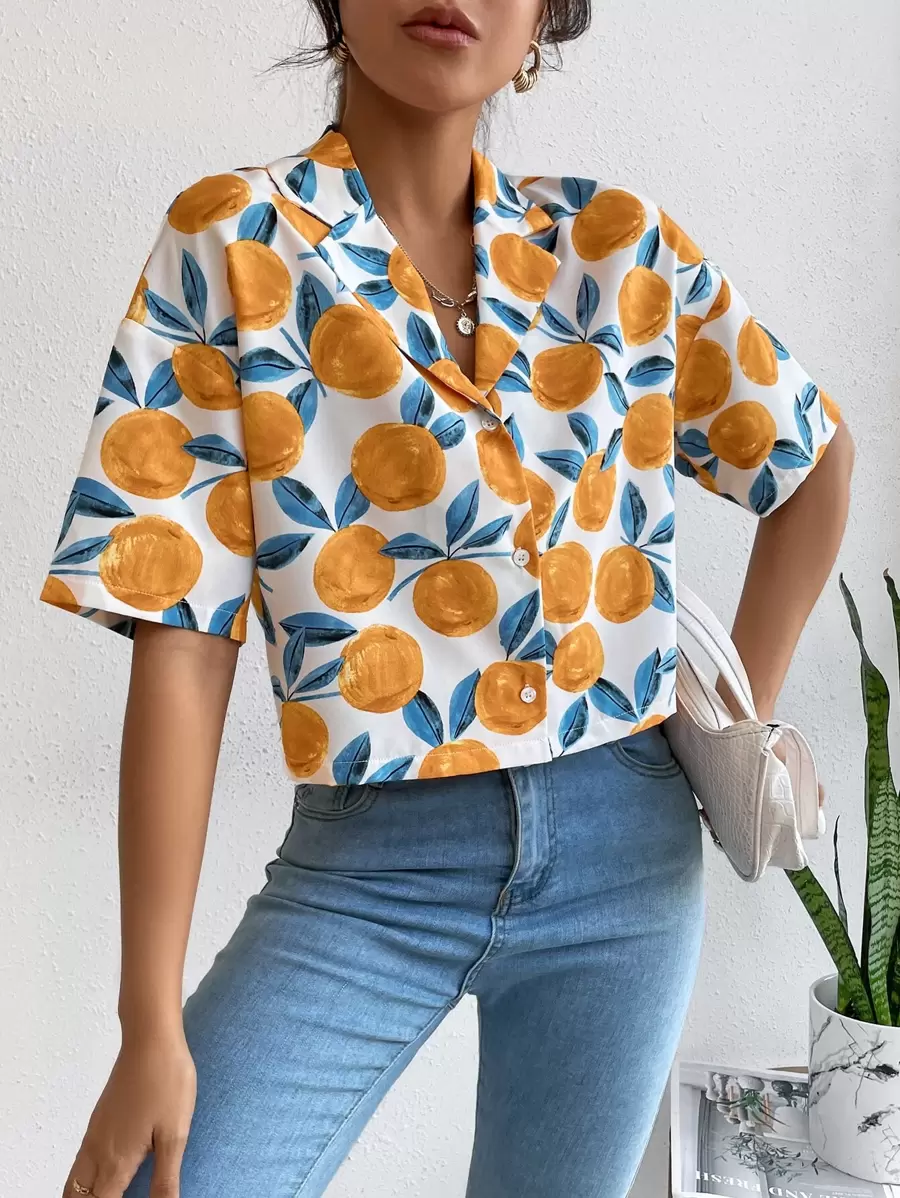SHEIN VCAY Allover Fruit Print Lapel Collar Drop Shoulder Blouse