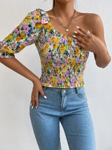 SHEIN Privé Floral Print One Shoulder Puff Sleeve Shirred Blouse - Multicolor - View 3