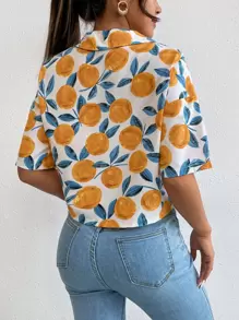 SHEIN VCAY Allover Fruit Print Lapel Collar Drop Shoulder Blouse