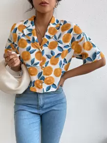 SHEIN VCAY Allover Fruit Print Lapel Collar Drop Shoulder Blouse