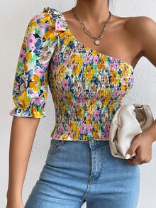 SHEIN Privé Floral Print One Shoulder Puff Sleeve Shirred Blouse - Multicolor - View 5