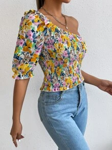 SHEIN Privé Floral Print One Shoulder Puff Sleeve Shirred Blouse - Multicolor - View 6