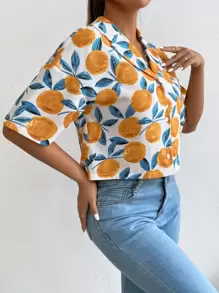 SHEIN VCAY Allover Fruit Print Lapel Collar Drop Shoulder Blouse