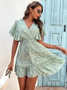 SHEIN Unity Ditsy Floral Print Butterfly Sleeve Knot Front Frill Trim Dress - Mint Green - View 1