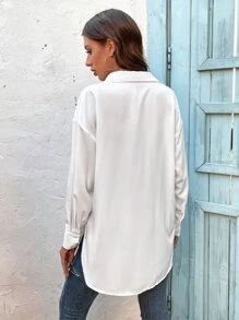 SHEIN Frenchy 落肩袖開衩側前紐扣襯衫 - 白色 - 查看 2