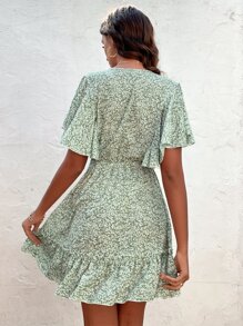 SHEIN Unity Ditsy Floral Print Butterfly Sleeve Knot Front Frill Trim Dress - Mint Green - View 2