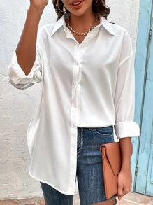 SHEIN Frenchy 落肩袖開衩側前紐扣襯衫 - 白色 - 查看 6