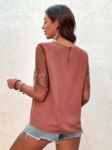 Áo sơ mi nữ Nút Tương phản ren màu trơn Giải trí - Bụi hồng - Xem 2