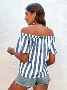 SHEIN VCAY Áo sơ mi nữ Cắt ra Sọc Boho - Xanh và trắng - Xem 2