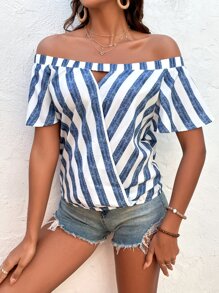 SHEIN VCAY Áo sơ mi nữ Cắt ra Sọc Boho - Xanh và trắng - Xem 3
