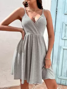 SHEIN Essnce Ribbed Knit Surplice Cami Dress - Grey - View 1