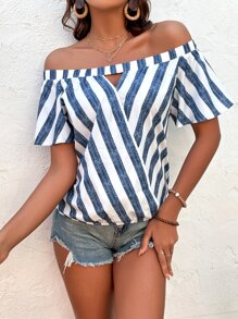 SHEIN VCAY Áo sơ mi nữ Cắt ra Sọc Boho - Xanh và trắng - Xem 4