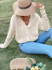 SHEIN Frenchy Pointelle Knit Drop Shoulder Cardigan - Beige - View 1