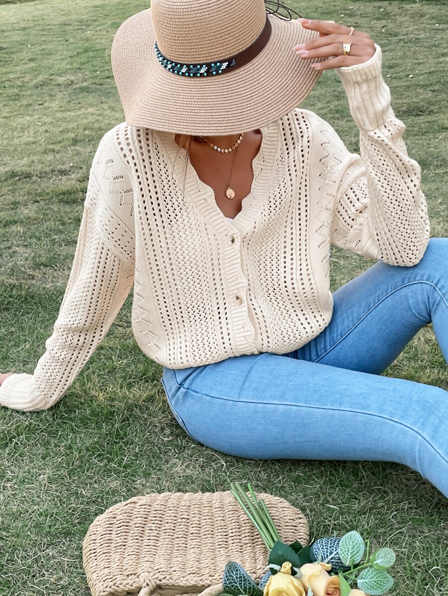 SHEIN Frenchy Pointelle Knit Drop Shoulder Cardigan - Beige - View 1