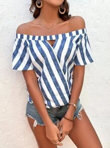 SHEIN VCAY Áo sơ mi nữ Cắt ra Sọc Boho - Xanh và trắng - Xem 5