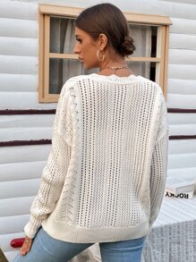 SHEIN Frenchy Pointelle Knit Drop Shoulder Cardigan - Beige - View 2