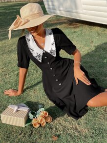 Floral Embroidery Statement Collar Fake Button Puff Sleeve Dress - Black - View 1