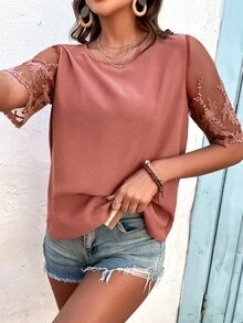 Áo sơ mi nữ Nút Tương phản ren màu trơn Giải trí - Bụi hồng - Xem 5