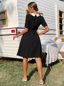 Floral Embroidery Statement Collar Fake Button Puff Sleeve Dress - Black - View 2