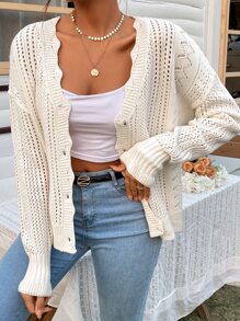 SHEIN Frenchy Pointelle Knit Drop Shoulder Cardigan - Beige - View 3