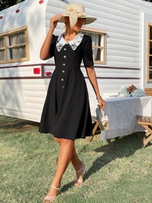 Floral Embroidery Statement Collar Fake Button Puff Sleeve Dress - Black - View 3