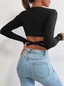 SHEIN PETITE Crossover Front Knot Crop Top - Black - View 2