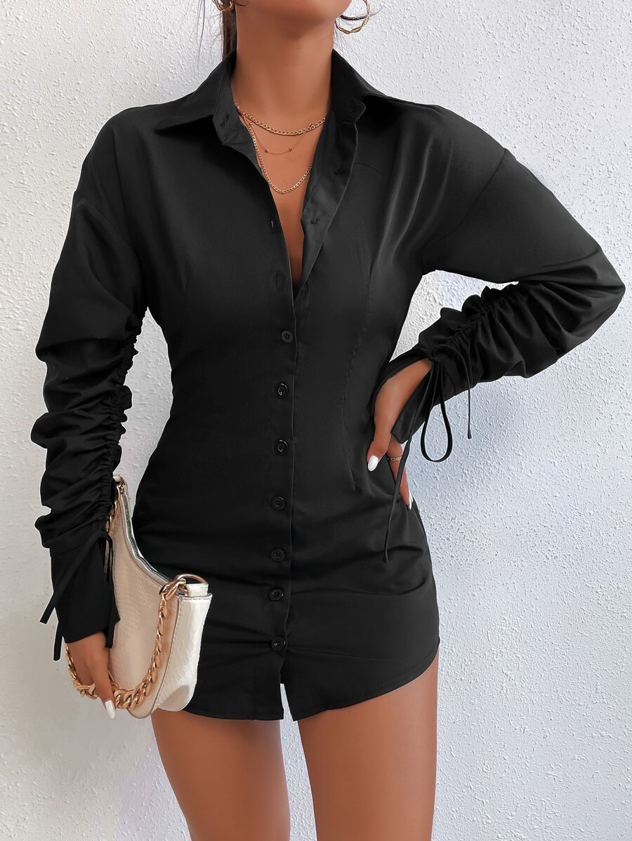 SHEIN PETITE Đầm Dây kéo Nút phía trước màu trơn Thanh lịch - màu đen - Xem 1