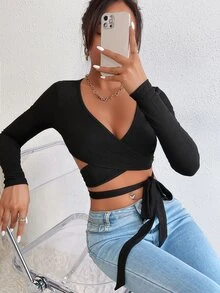 SHEIN PETITE Crossover Front Knot Crop Top - Black - View 4