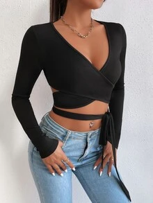 SHEIN PETITE Crossover Front Knot Crop Top - Black - View 5