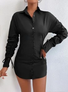 SHEIN PETITE Đầm Dây kéo Nút phía trước màu trơn Thanh lịch - màu đen - Xem 6