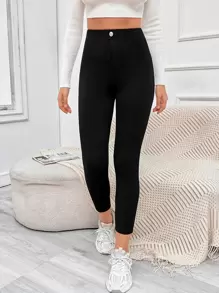 SHEIN EZwear Button Detail Patched Pocket Skinny Black Pants - Black - View 1