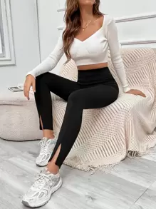 SHEIN Essnce High Waist Split Hem Skinny Trousers - Black - View 1