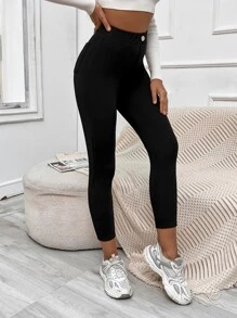 SHEIN EZwear Button Detail Patched Pocket Skinny Black Pants - Black - View 3