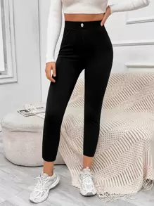 SHEIN EZwear Button Detail Patched Pocket Skinny Black Pants - Black - View 4