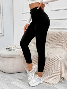 SHEIN EZwear Button Detail Patched Pocket Skinny Black Pants - Black - View 5