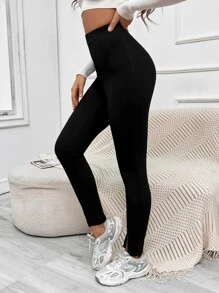 SHEIN Essnce High Waist Split Hem Skinny Trousers - Black - View 4