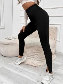 SHEIN Essnce High Waist Split Hem Skinny Trousers - Black - View 5