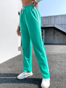 腰部抽繩織帶拼接衛褲 - 綠色 - 查看 5