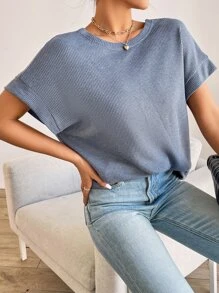 SHEIN Essnce Camiseta cruzado trasero de manga murciélago - Neblina azul - Ver 4