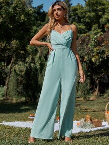 Fold Pleated Wide Leg Cami Jumpsuit - Mint Green - View 3