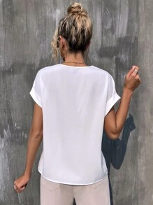 SHEIN LUNE Notched Neck Batwing Sleeve Blouse - White - View 2