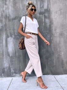 SHEIN LUNE Notched Neck Batwing Sleeve Blouse - White - View 3