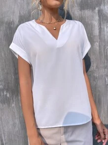 SHEIN LUNE Notched Neck Batwing Sleeve Blouse - White - View 4