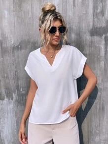 SHEIN LUNE Notched Neck Batwing Sleeve Blouse - White - View 5