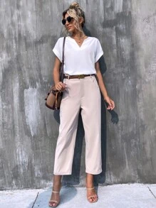 SHEIN LUNE Notched Neck Batwing Sleeve Blouse - White - View 6