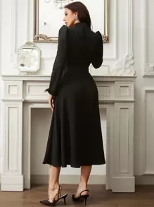 Modelyn Fuzzy Cuff Puff Sleeve Belted Dress - Black - View 2