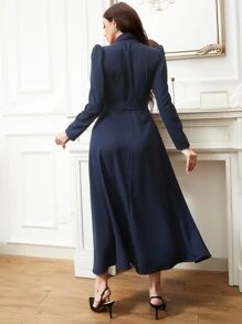 Modelyn Puff Sleeve Surplice Neck Belted Modest Long Sleeve Dress