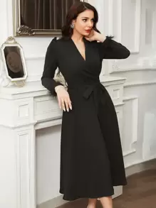 Modelyn Fuzzy Cuff Puff Sleeve Belted Dress - Black - View 3