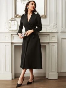 Modelyn Fuzzy Cuff Puff Sleeve Belted Dress - Black - View 4