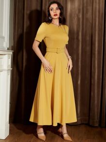 Modelyn Zip Back Belted A-line Dress - Yellow - View 4